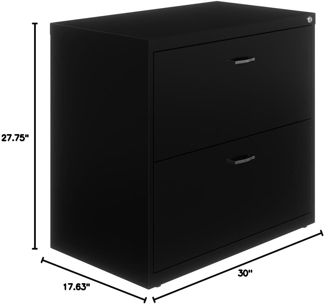 BOWERY HILL 2-Drawer Metal Lateral File Cabinet, Black Finish, 30" Wide, Durable Steel Construction, Chrome Arc Pull Handles, Secure Cam Lock, Smooth Ball-Bearing Drawers, Home or Office Filing