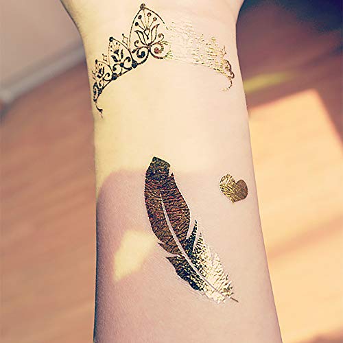 24 Sheets Gold Temporary Tattoos For Women Girls, Over 300 Shimmer Waterproof Fake Tatoos Metallic Stickers In Bracelets Feathers Wrist Arm Bands #TOP5