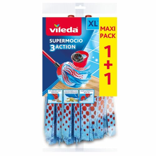 Vileda - Recharges SuperMocio Triple Action 3D pour Balai Microfibre - Nettoie en Profondeur avec Franges Tri-Matières - Microfibres, Bandes Grattantes, Zone 3D - pour Balai Serpillière x2