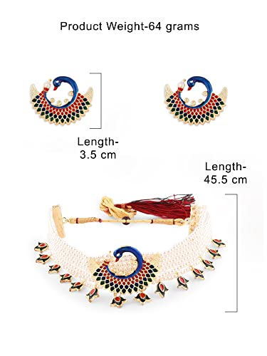 ZAVERI PEARLS Multicolor Meenakari Peacock Inspired Multistrand Pearls Choker Necklace Earring & Ring Set For Women-ZPFK14436 - Image 5