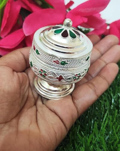 Image of RADHARANI Silver Kunghuma Chimil for Pooja /Wedding /Sindoor Box /kumkum box /kunguma chimil /Size: 3.5 Inches Weight : 60 Grams