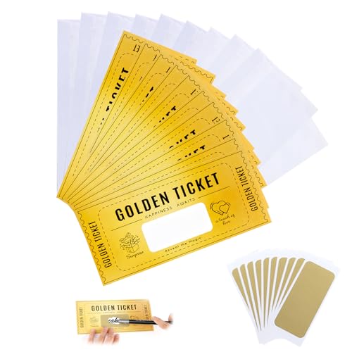 10 Stück Goldenes Ticket Gutschein Rubbelkarten Set, goldenes ticket gutschein rubbel zum Selber Ausfüllen, golden ticket voucher karte, für Geburtstag, Weihnachten, Reise, Geschenkidee mit Umschlägen