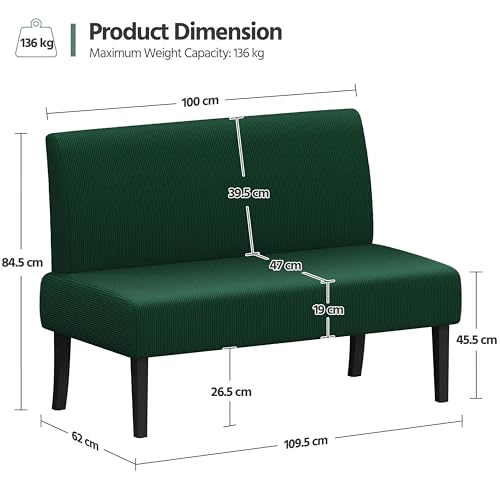 Yaheetech Fabric Small Sofa with Mid-Height Back, 2 Seater Clean-Lined Loveseat Couch with Solid Wood Legs, Versatile Modern Seating for Restaurant, Cafe, Living Room, Dining/Shoe Bench, Green - Image 2