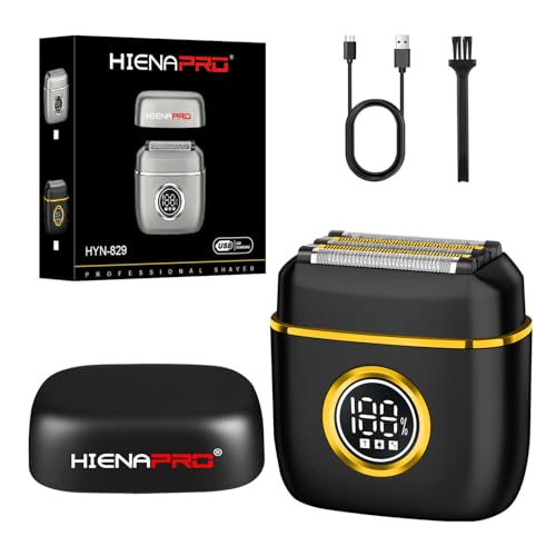 HIENA PRO Men's Electric Foil Shaver - USB-C Rechargeable, IPX7 Waterproof, Pocket-Sized with LED Display for Travel & Home (Black Gold)