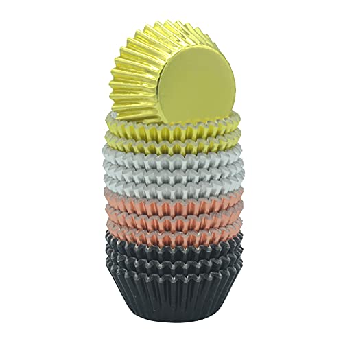 Huaswan Metallic Foil Cupcake Liner Mini Paper Baking Cup Gold, Silver, Rose Gold and Black, 240-Count