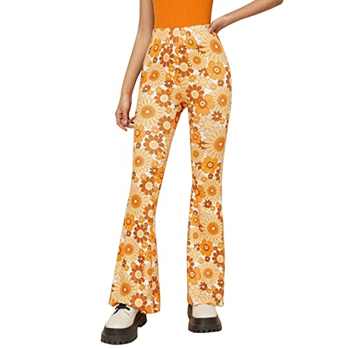 Generisch Schlaghose Damen, 70er Jahre Schlaghose Für Damen – Boho 60er Hose Hippie Blumen High Waist Outfit Disco Kostüm Yogahose Leggings Hippie Hose Frauen Festival Hosen Frauen Bunte Damenhose