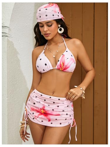 Image of RoseSeek Women's 4 Piece Polka Dots Bathing Suits Cover Up Skirt & Bandana