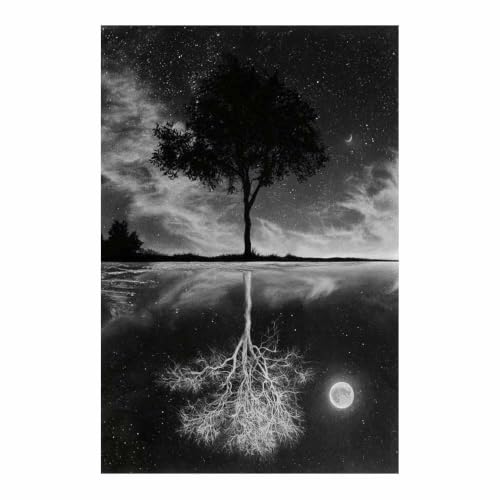 Peinture sur toile noir et blanc reflet d'arbre HOQIU pour decoration murale salon 70x100cm