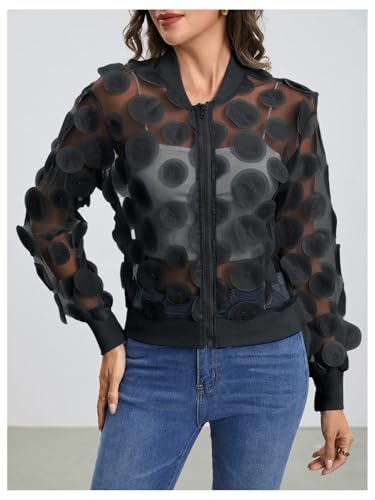 Floerns Women's Sheer Mesh Zip Up Bomber Jacket Long Sleeve Baseball Collar Outwear Tops4