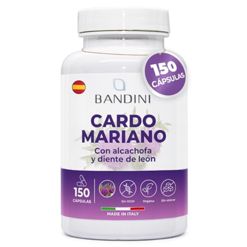 Bandini® Cardo Mariano con Alcachofa y Diente de León 150 Cápsulas - Dosificación alta con 80% de silimarina - Protege el hígado, Mejora la digestión y Reduce el dolor estomacal - Método HPLC - Vegano