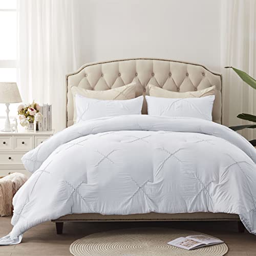 Semech Pinch Pleat Queen Comforter Set, Microfiber Bedding Comforter Sets Queen Size, 3 Piece White Queen Size Comforter Set Lightweight, (Bright White, 88"X88") #TOP2