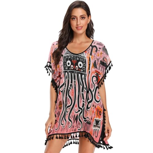 Pink Jellyfish Lobsters Art Women's Beach Cover Up Chiffon Tassel Swimwear Swimsuit Coverups for Girl