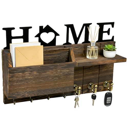 Elyyapt Key Holder for Wall Key Hangers with Home Design Keys Hooks Wall Mounted Wooden Wall Key Organizer Decor Wood Key Rack with 7 Hooks Mail Holder Shelf for Entryway Mudroom Hallway Brown
