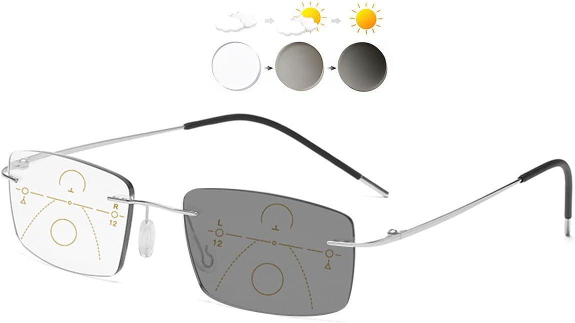 KOOSUFA Rimless Photochromic Progressive Multifocal Reading Glasses Blue Light Blocking Glasses Transition Sunglasses