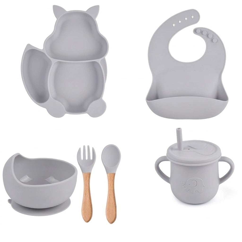Cat-Shaped Silicone Baby Feeding Set – 6 Pieces – Grey