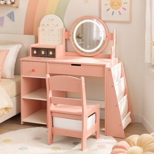 TODEFULL Kids Vanity Set for Girls with Chair, Adjustable Lighted Mirror