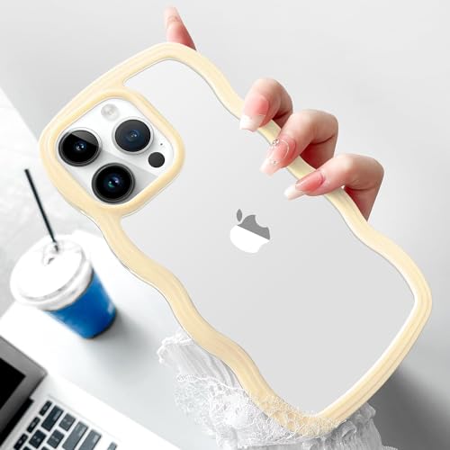 Image of MIDOS Back Cover Compatible with iPhone 14 Pro Max, Cute Curly Wave Frame Clear Case for Girls Women, Transparent Soft Silicone TPU Bumper Shockproof Protective Cover for iPhone 14 Pro Max (Yellow)