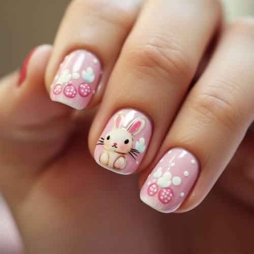 24 uñas postizas cuadradas cortas con diseños de conejos, accesorios de manicura acrílica, fáciles de llevar, diseños de uñas de moda