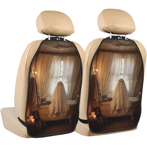 Gjieliness Cute Ghost Sits On An Old Bathtub Car Seat Back Kick Protectors,2 Pack Kick Mats With Storage Pockets For Vehicles To Protect From Dirt Mud Scratches