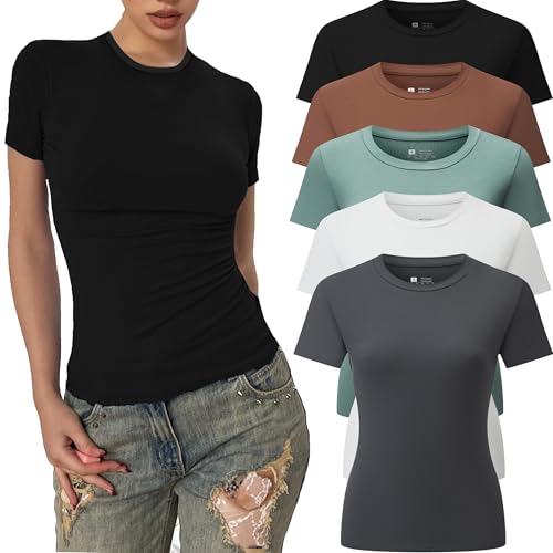 5 Pack Shirts for Women Crew Neck Short Sleeve T Shirts Casual Basic Fitted Stretchy Tops Fashion Clothes 2025