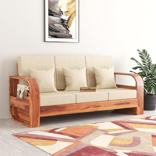 Image of Sheesham Wood 3 Seater Sofa Set with 40 Density Cushion for Living Room Home Office Solid Wood Sofa Set Furniture Wooden Three Seater Sofa Set (Natural,Cream)
