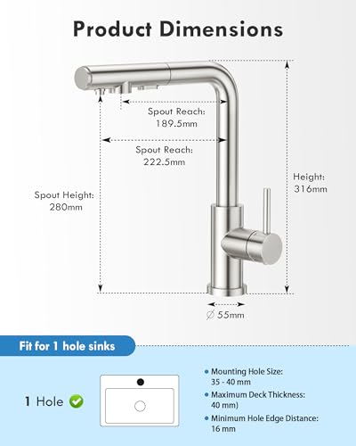 Aktines 3 Wege Küchenarmatur mit 3-Funktion-Brause ausziehbar, Spültischarmatur Spülenarmatur Armatur Wasserhahn Küche für Wasserfilter Osmoseanlagen Edelstahl gebürstet 110236