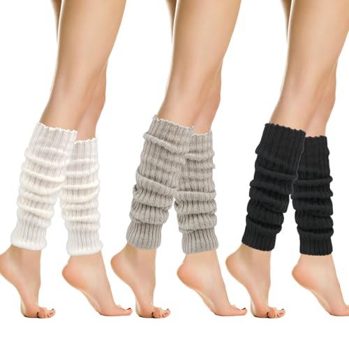 Hopton 3 Pairs Leg Warmers Ladies, Knitted Leg Warmer for Women, Calf warmers 40cm, Chunky Winter Long Warmers Ladies, Fashion Leg Warmer for 80s Ballet Dance Ice Skating Yoga Party(40cm)
