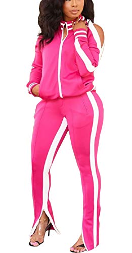 Sweat Suits for Women Set - Jogging Suits 2 Piece Outfits Zip Sweatshirt + Wide Leg Slit Pants Tracksuit Set XX-Large Rose