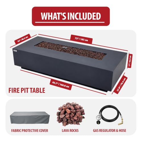 Image of AMS Creations | Savanah 72 inch Rectangular Cast Concrete Propane Gas Fire Pit Table | Dark Gray | Smooth Texture Surface | Electronic Ignition | Outdoor Patio Heater Outside Backyard Fireplace