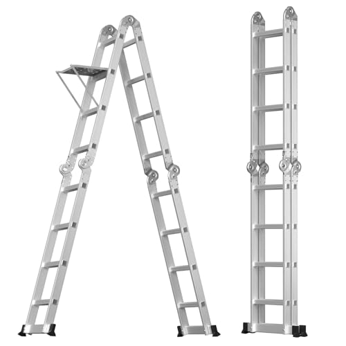Telescopic Ladder 4.7M, Multi-purpose Folding Ladder, Portable Aluminium Ladder, Extendable Ladders Telescopic, 150kg Capacity Max Load, A-frame Ladder & Straight Ladder for Indoor Outdoor