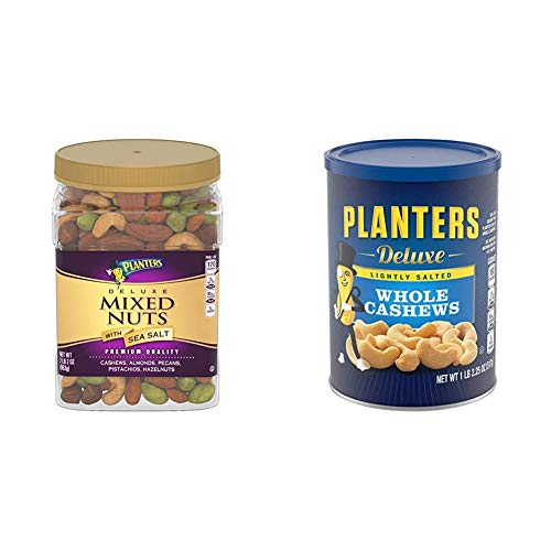 Planters Deluxe Salted Mixed Nuts, 34 Oz. Resealable Canister & Deluxe Lightly Salted Whole Cashews, 18.25 Oz. Resealable Canister - Lightly Salted Cashews & Lightly Salted Nuts - Vegan Snacks, Kosher #TOP15