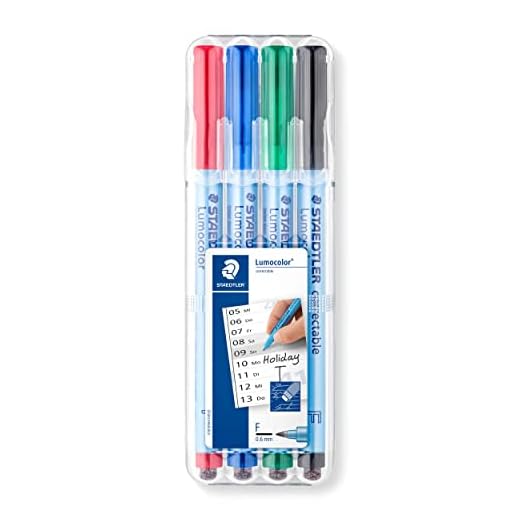 STAEDTLER Folienstift Lumocolor correctable, trocken korrigierbar, F-Spitze Linienbreite ca. 0.6 mm, hohe Qualität Made in Germany, Set mit 4 Farben, 305F WP4-1 , 4 Stück (1er Pack)