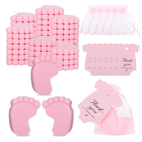 Sploziia 60 Sets Baby Shower Favors Handmade Feet Scented Soap Set with Gift Bags Cards Bulk Pink Baby Shower Gifts for Guests Gender Reveal Souvenirs Wedding Party Favors