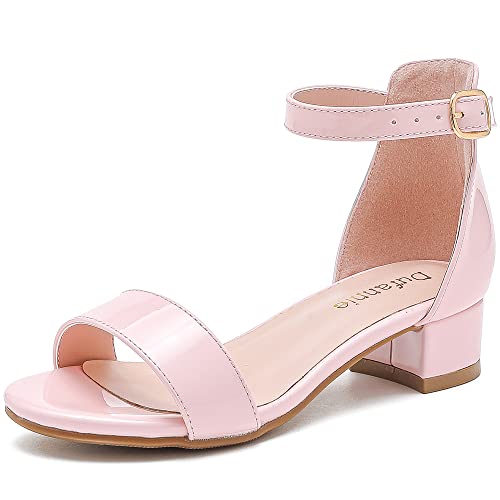 Image of Dufannie Girls Sandals Low Heels Dress Pump Ankle Strap Open Toe Flower Girl Wedding Party for Toddler Little Big Kid