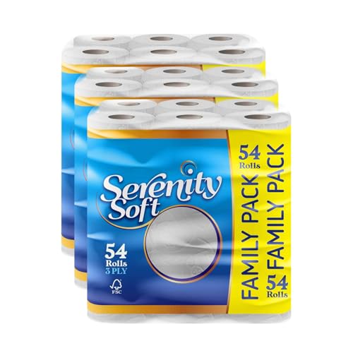 Serenity Toilet Tissue 54 Rolls, 3 Ply Quilted Toilet Rolls Bulk Buy, Luxuriously Soft, Gentle and Hypoallergenic Sustainable Bulk Toilet Rolls for Your Family - Dermatologically Tested (54)