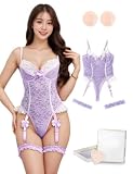[ohyeahlady] セクシーランジェリー レーステディ ボディスーツ シースルー ガーター付き ワイヤー入り レディース 大きいサイズ