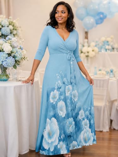 Image of SUZONANA Plus Size Dresses for Women Floral Print Maxi Dress Flowy 3 /4 Sleeve with Belt