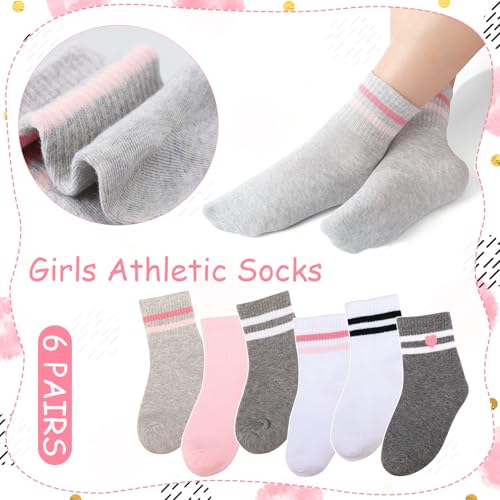 Jspupifip 6 Pairs of Kids Athletic Socks, Hearts Athletic Socks Crew Athletic Socks for Kids, Stripes Combed Cotton Socks with High Ribbed Top Cuffs, Kids Girls and Boys to Little Kids 8-10 Years Old3