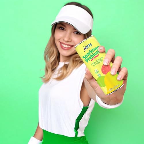 Image of Jans Sparkling Prebiotic with Collagen Soda Beverage - Pink Guava & Mango 8.4 Fl Oz (24-Pack) - Low Calorie, NO Added Sugar, Non-GMO Sparkling Fruit Beverage, Gut Health Support