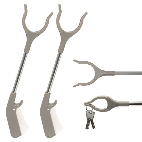2pcs Short Grabber Reacher Tool for Seniors 16 Inch Small Mini Extra Strong Tongs for Handicap Elderly Childrens Adult Trash Litter Reaching Picker Stick Heavy Duty Extension Helping Hands Grey