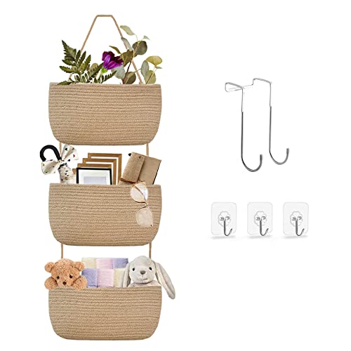 Aiviin Over The Door Hanging Baskets, 3-Tier Wall Hanging Storage Basket, Woven Cotton Rope Hanging Organizer, Decorative Hanging Shelf Basket For Living Room, Bathroom,Bedroom And Kitchen (Jute) #TOP6