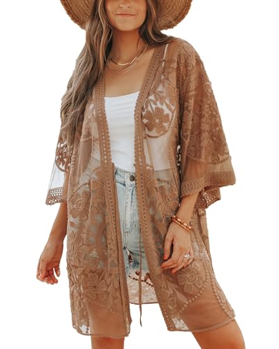 Bsubseach 2025 Kimonos for Women Lace Swimsuit Coverup Mesh Swim Cover Up Beach Vacation Sheer Kimono Duster Cardigans