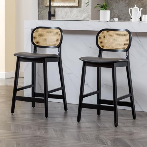 Ya-Home Lot de 2 Tabourets de Bar en Bois Chaise de Bar Rotin Tabourets de Cuisine Confortable en Cuir PU Chaise Bar avec Repose-Pieds, Noir