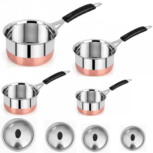 8 Pcs Set - Stainless Steel Copper Bottom Saucepan With Lid, Copper Bottom Sauce Pan Tea Coffee Pan, Tapeli Patila, Sauce Pot Cookware with Handle (800 ml, 1200 ml,1700 ml and 2000 ml)