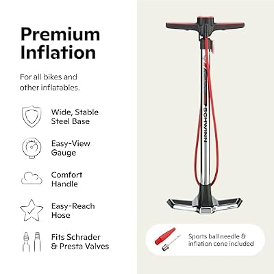 Schwinn Air Center Series or Basic Floor Pump, for a Range of Bikes, 100, 120 or 160 PSI, Soft Grip Handle, Dual Head for Schrader and Presta Valves, Manual Air Pump
