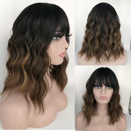 Sashowna Black Mixed Brown Wig with Bangs for Women Loose Wavy Bob Wigs Shoulder Length Colorful Hair Heat Resistant Synthetic Wigs for Daily Cosplay Party Use (Black Mixed Brown)