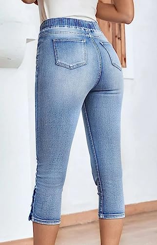 Conshvi Women's Drawstring Elastic Waist Slim Fit Pull On Capri Jeans Casual Stretch High Waisted Distressed Capris Pants3