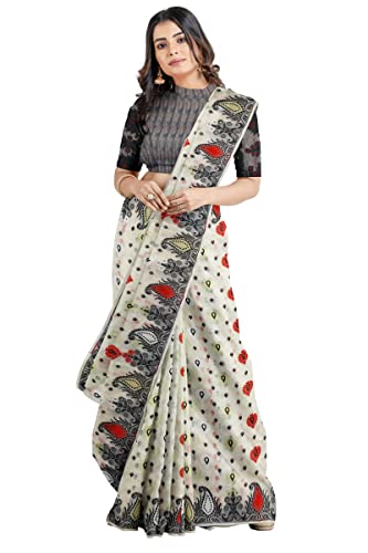 Saree du Bengale Jamdani en coton blanc et noir pour femme | Tenue traditionnelle authentique