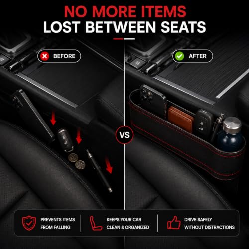 Image of Car Seat Gap Filler Organizer, Car Seat Storage Box, Car Organiser and Storage Console Side Pocket for Phone, Wallet, Keys & Coins, Leather Finish Car Interior Organizer, Black