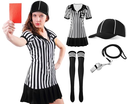 SATINIOR 5 Pcs Women Referee Costume Set Umpire Outfit Stripe Ref Shirt Hat Long Socks Whistle for Halloween Cosplay Party(XX-Large)